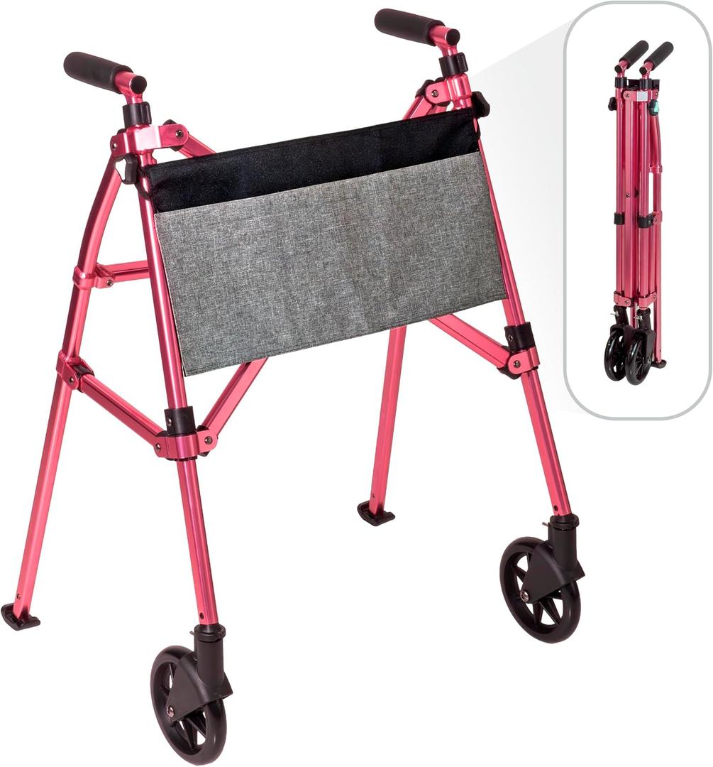 Stander Wonder Walker Plus, Lightweight Folding Mobility Aid for Adults, Seniors, and Elderly, Collapsible Travel EZ Fold-N-Go with Wheels, Glides, & Basket, Regal Rose, Standard