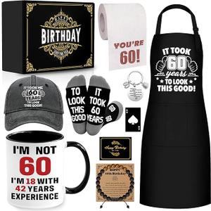 60th Birthday Gifts for Men Coffee Mug Set, 60th Birthday Party Supplies, Turning 60 Gift with 11 Oz Ceramic Cup Baseball Cap Apron Sock Bracelet Toilet Paper Keychain for Him, Dad, Husband, Friends
