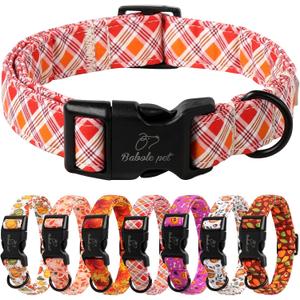 Babole Pet Fall Dog Collar, Fall Orange and Red Plaid Puppy Collar, Adjustable Cotton Holiday Tanksgiving Dog Collars for Small Medium Large Boy&Girl Dogs S