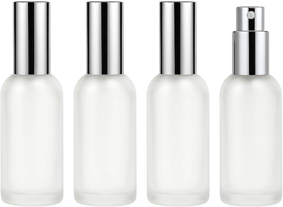 4Packs 100ml/3.4Oz Empty Refillable Frosted Glass Spray Bottles with Fine Mist Sprayer & Silver Caps Small Decorative Perfume Liquid Containers For Essential Oils, Cleaning Products, Makeup Liquids