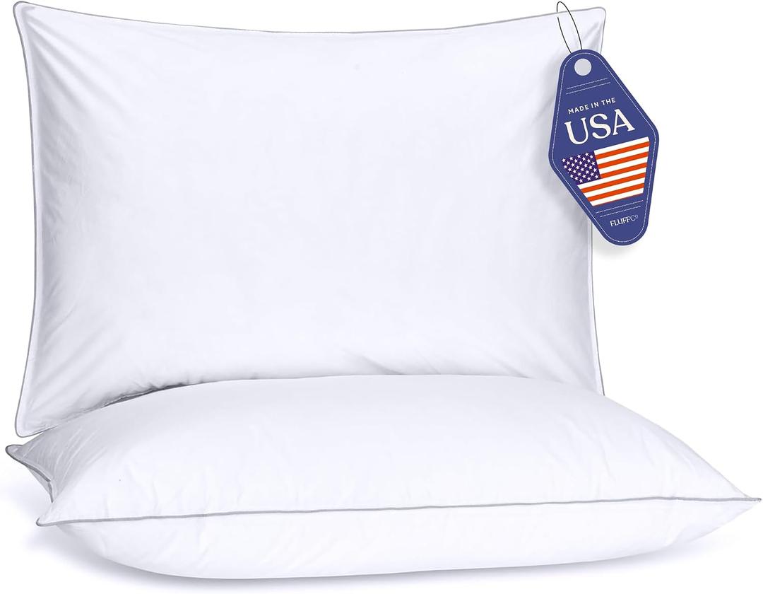 FluffCo Basics Down Alternative Bed Pillows - Cooling Cotton Shell with Supportive Gel-Fiber Fill - Pillows for Side, Back, and Stomach Sleepers - Made in USA - Standard/Queen Size, Set of 2