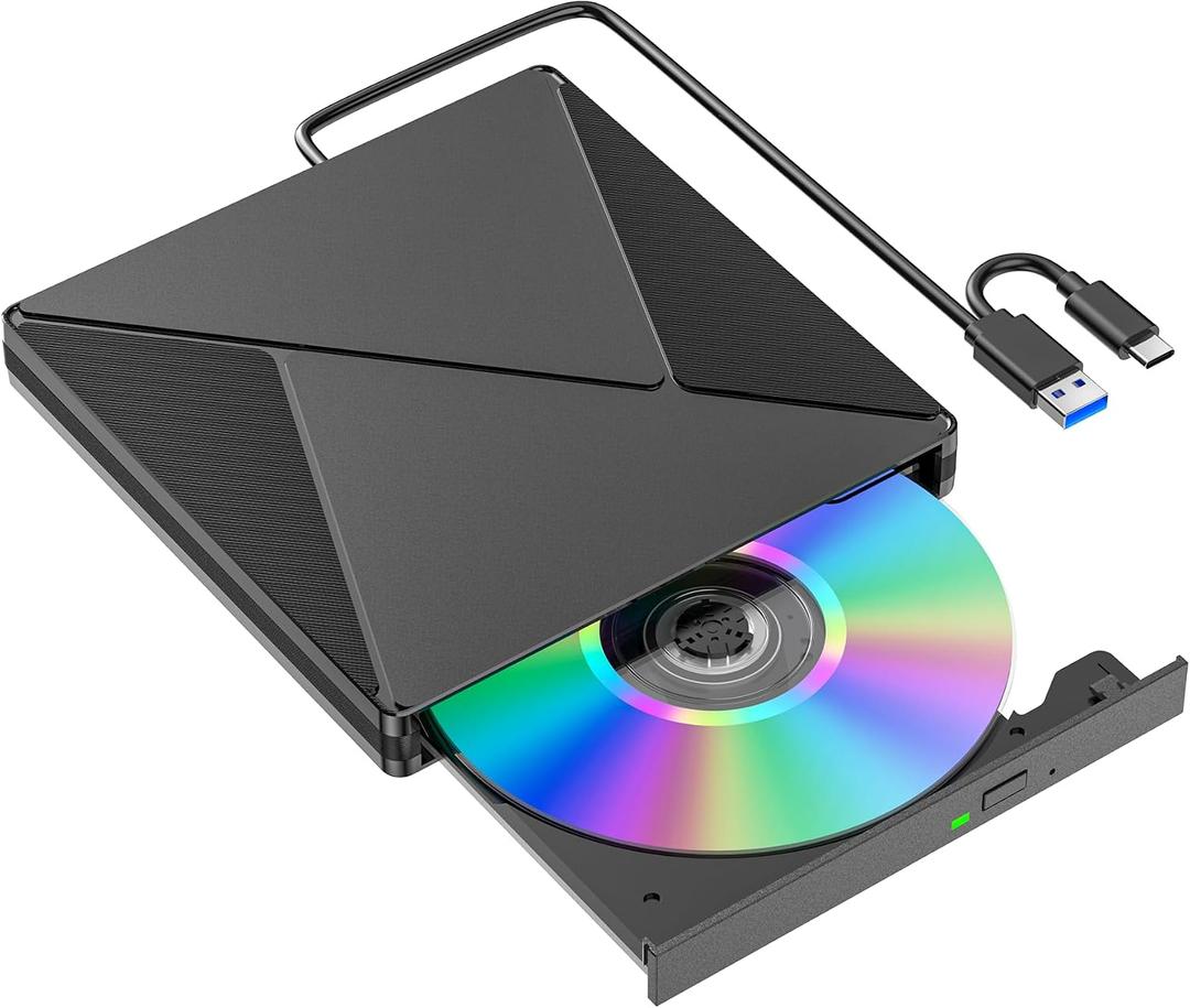 Umaniy DVD Player for Laptop, External CD Drive for Mac, USB 3.0 USB C Portable CD Burner External Disk Drive, DVD Reader Writer ROM Drive Compatible with Laptop Desktop Mac,Windows 10/8/7 Linux
