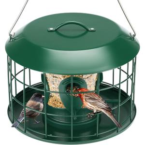 Kingsyard Tube Squirrel Proof Bird Feeders for Outdoor Hanging, Metal Caged Bird Feeder with Rain Proof Covered for Wildbirds Finches Bluebird, 4 Feeding Ports, Green
