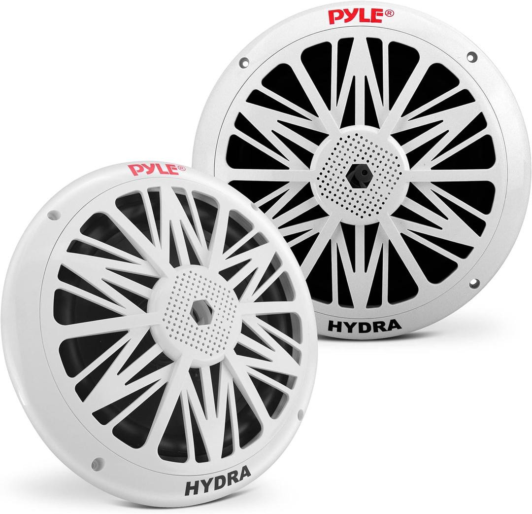 Pyle Marine Speakers, Waterproof, Weather Resistant, 8 Inch Dual, 10 Inch Outer Frame, 300 Watt Power, Poly Carbon Cone, Cloth Surround, Includes Mounting Hardware and Wires, White, PLMR82
