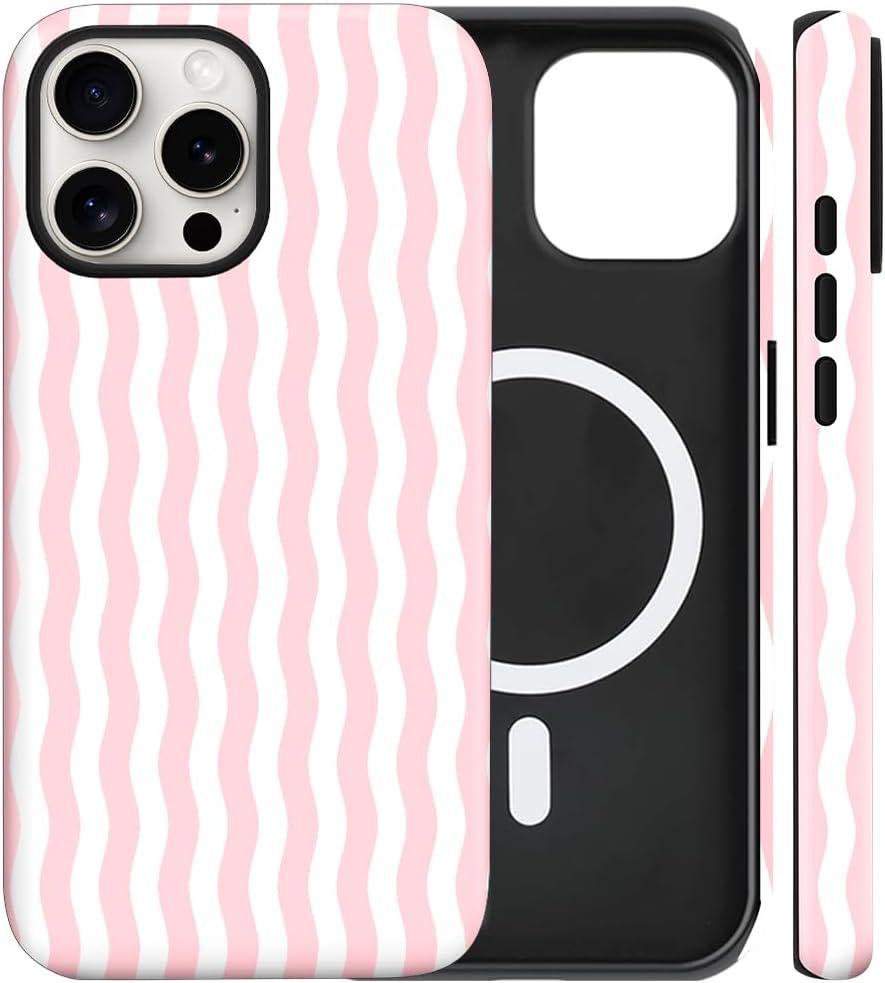 Magnetic for iPhone 14 Pro Case Cute Wavy Stripes Phone Case, Pink