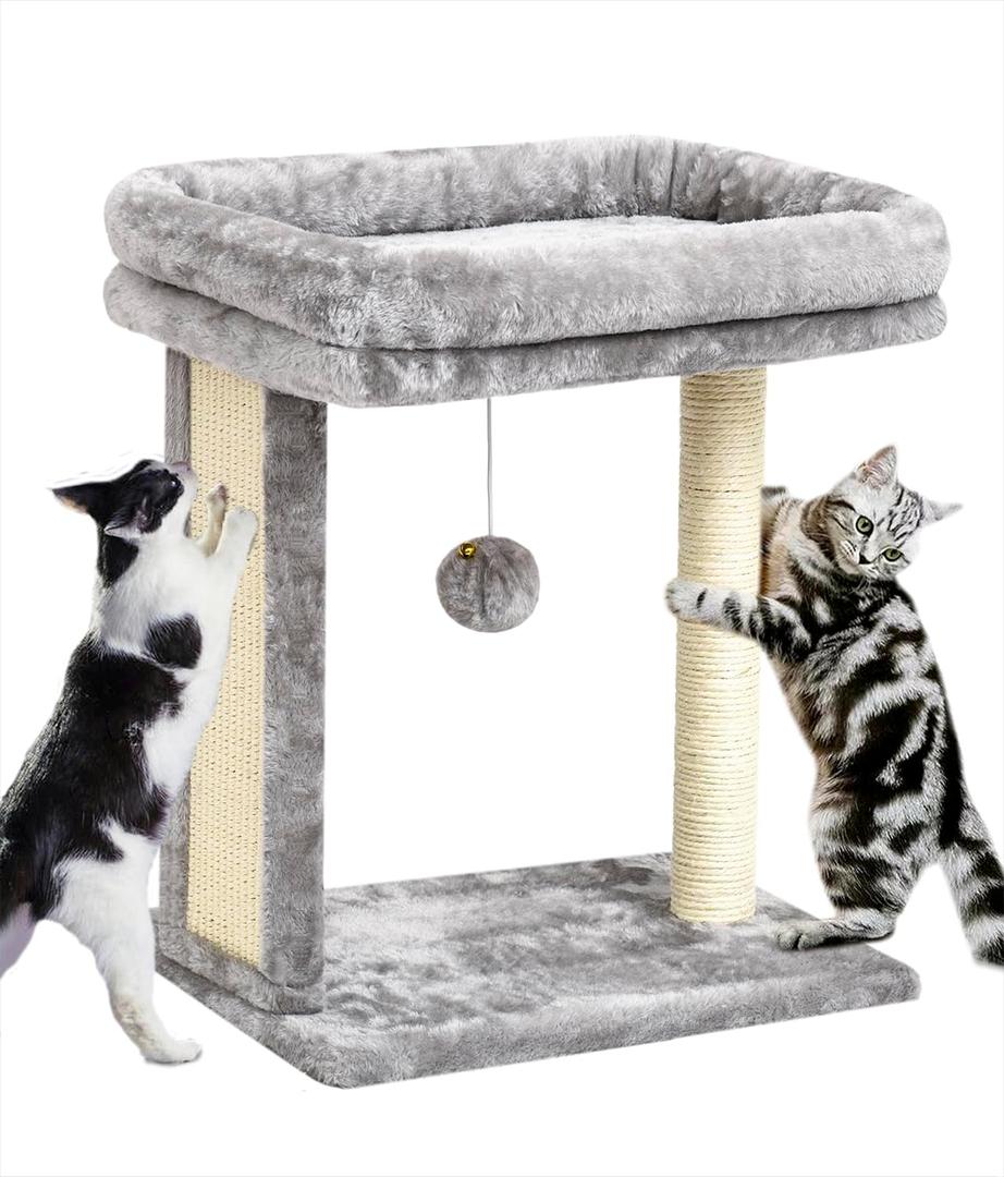 SYANDLVY Cat Tree with Scratching Post for Indoor Cats, Scratching Board with Perch, Cat Post Scratcher with 2 Dangling Balls, Great for Kittens, Grey