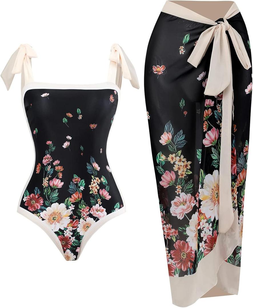 IDOPIP Women's One Piece Swimsuit with Beach Cover up Wrap Skirt Sarong Retro Floral Print Bikini Set Two Piece Bathing Suit (X-Large)