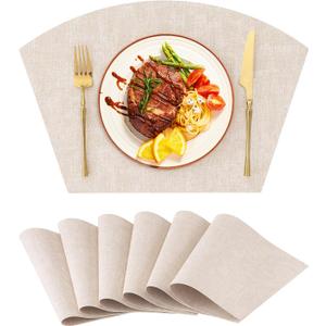 Homaxy Round Table Placemats Set of 6, Washable Wedge Shaped Faux Leather Table Mats, Wipeable Kitchen Dinner Place Mats for Indoor Outdoor, Beige