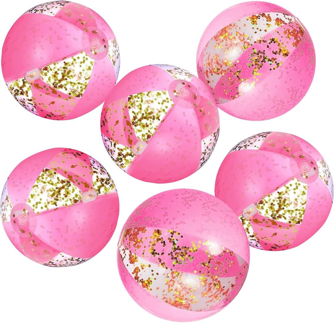 6 Pcs 12 Inch Inflatable Glitter Beach Ball Swimming Pool Party Balls Large Pink Beach Sand Balls Confetti Pools Ball Decorations for Summer Pool Party Supplies