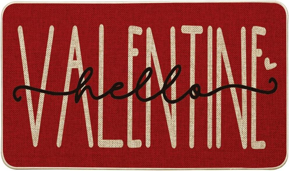 Artoid Mode Hello Valentine Red Valentine's Doormat, Anniversary Wedding Home Decor Low-Profile Rug Switch Mat for Indoor Outdoor 17x29 Inch