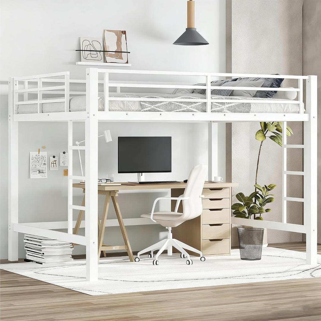 Metal Queen Size Loft Bed,Heavy Duty Loft Bed Frame Queen Size with 2 Ladders and Full Length Guardrails for Kids,Teens,Adults,Noise-Reducing,Space-Saving,White