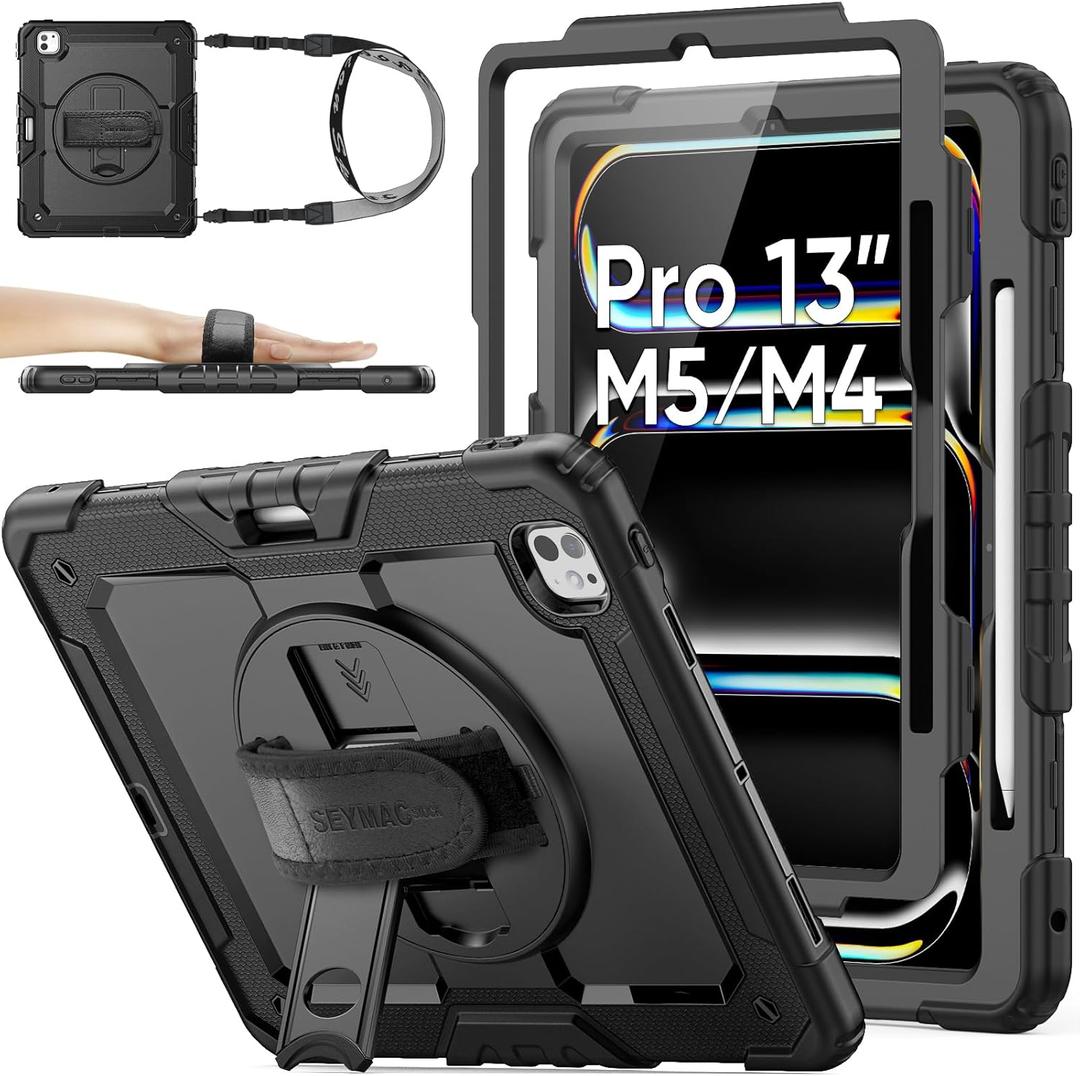 SEYMAC stock Case for iPad Pro 13-inch M5-M4 2025-2024, Shockproof Heavy Duty Case with Screen Protector, Pencil Holder, Rotating Stand, Hand Strap, Shoulder Strap, Black