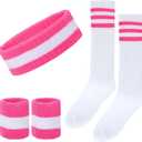 5 Pieces Striped Sweatbands Sock Set Sports Headband High Tube Socks and Wristbands for Women Men Sports 80s Party 80s Accessories Costumes (Pink/White)