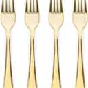 Prestee Set of 300 Gold Plastic Forks Disposable - 7-in Heavy-Duty Fork Flatware - Bulk Pack Fancy Silverware - Sturdy Elegant Cutlery for Weddings, Birthday Parties, Buffets, Catering, and Events