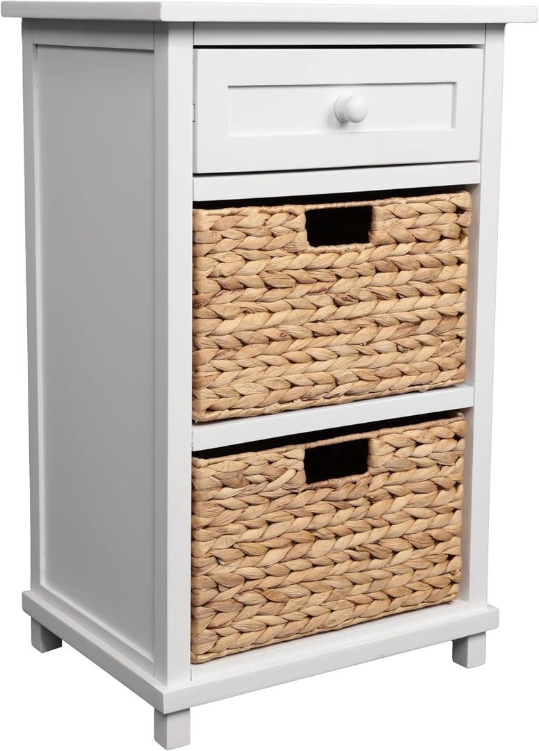 happimess Malibu 26" Acacia Wood Storage Nightstand with Drawer, White, 16.14" W x 12.01" D x 25.98" H