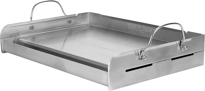 LITTLE GRIDDLE 100% Stainless Steel Griddle with Even Heat Cross Bracing and Removable Handles - For Grills, Camping, Tailgating, Silver