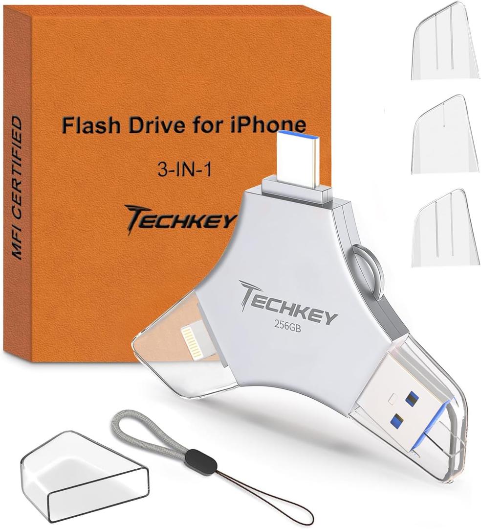 USB Flash Drive for iPhone/iPad, MFi Certified 3in1, 256GB, Silver | External Memory Photo Storge Keeper, Type c/USB 3.0/USB C High Speed, Compatible with PC, Video/Data Backup Port Card