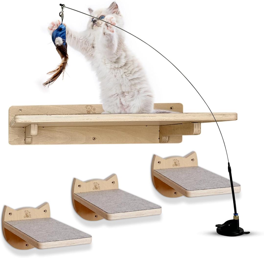 Snuggle & Play Cat Wall Shelves & Climbing System Modern Furniture Set with 3 Steps & Perch for Indoor Cats, Includes Wand Toy