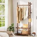Taitiy Coat Rack Freestanding Clothing Rack with Wheels, Coat Tree Freestanding Heavy Duty with 2 Storage Shelves and 5 Hooks, Wood Garment Rack for Corner Bedroom Hallway Entryway Living Room Hotel