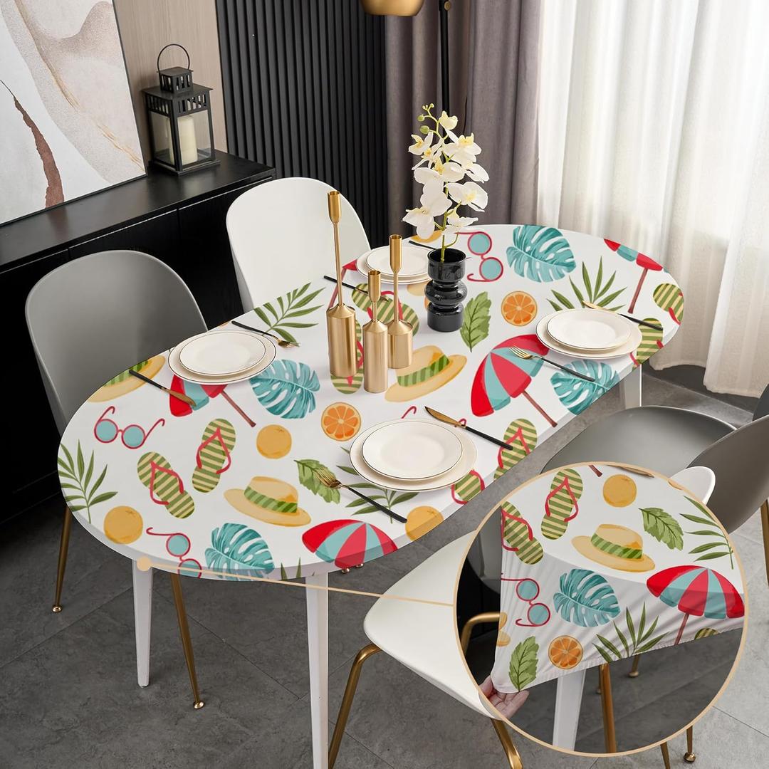 Summer Oval Table Cloth 48x68 Inch - Elastic Fitted Non Slip Beach Umbrella and Flip-Flops Table Cover for Family Indoor Meals Tablecloths