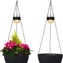 BAYN 2 Packs Solar Hanging Basket Planters for Plants Outdoor, Self Watering Black Flower Plants Pots with Solar Light Drainer for Balcony Patio Garden Outdoor Decoration