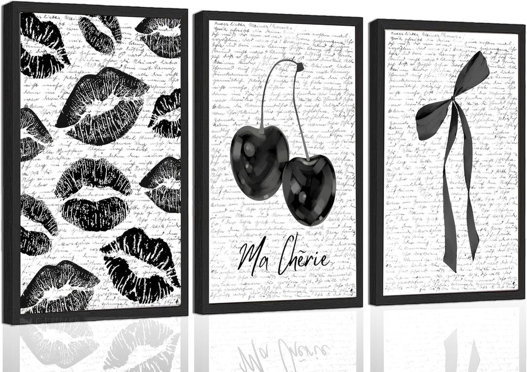 3Pcs Fashion Black White Lips And Cherry Canvas Wall Art Vintage Girl Funky Aesthetic Bow Wall Decor Ma Cherie Dark Coquette Posters Prints for Neutral Preppy Apartment Girl Room12x16in Unframed (poster, 12x16inx3pcs)