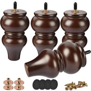 6 Inch / 15cm Solid Wood Furniture Legs, 4Pcs Couch Legs Wooden Bun Feet Sofa Feet with Threaded M8 Hanger Bolts &Mounting Plate &Screws for Sofa Cabinet Ottoman Armchair (Walnut