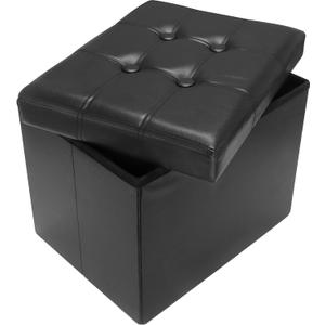 AmasSmile Storage Ottoman Folding Foot Rest Stool, Leather Footstool Bench, Short Ottoman Stool, Storage Foot Rest Store, Books (Black, 17" D x 13" W x 13" H)