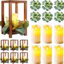 Neoflavie 6 Set/18 Pcs Wooden Wedding Lantern Centerpiece Include 6 Wooden Lantern Candle Holder 6 Flameless LED Candle 6 Eucalyptus Leaves Wreath for Centerpieces Wedding Table Party Farmhouse Decor