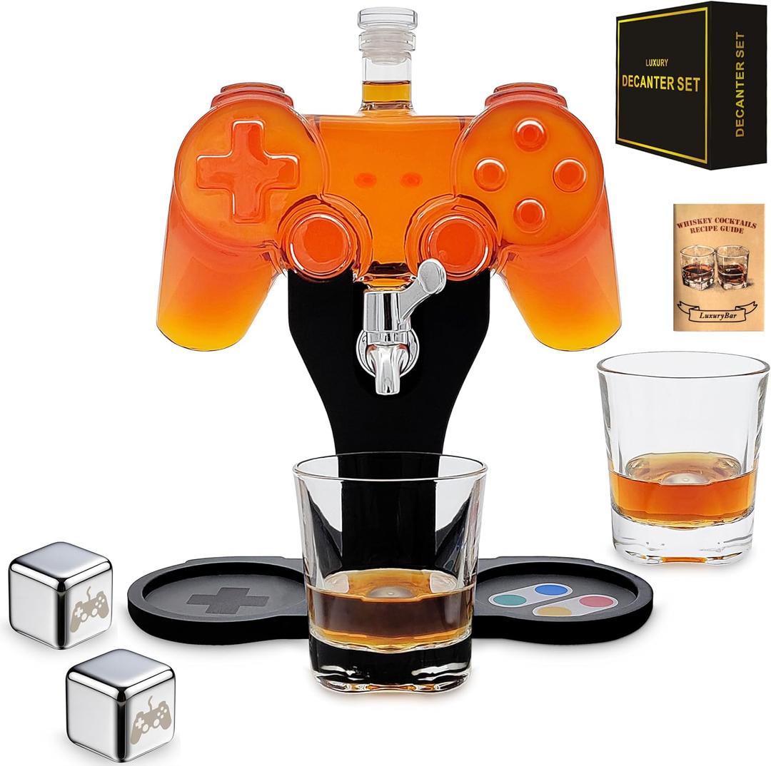Game Whiskey Decanter Set,28oz Whiskey Decanter Sets for Men with Spout Game IceCube Gamer Tray,Liquor Dispenser Tequila Bourbon Gifts for Men Gamer Gifts for Boyfriend Him Husband Dad Brother Guy