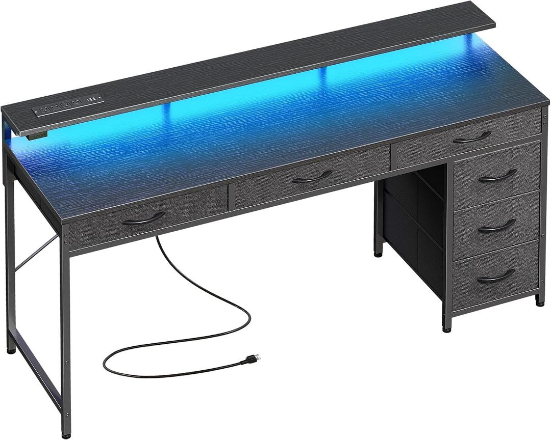 Huuger Gaming Desk with 6 Drawers, Computer Desk with LED Lights Power Outlets and Type-C, 55 Inch Office Desk with Storage, Monitor Stand, Writing Desk Work Desk Home Office, Bedroom, Study, Black, 54 inch