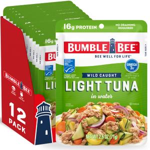 2 x Bumble Bee Chunk Light Tuna in Water, 2.5 oz Pouches (Pack of 12) - Ready to Eat Wild Caught Skipjack Tuna Packet - 16g Protein per Serving - MSC Sustainable Seafood, Non-GMO, Gluten Free, Kosher (EXP 11/01/27)