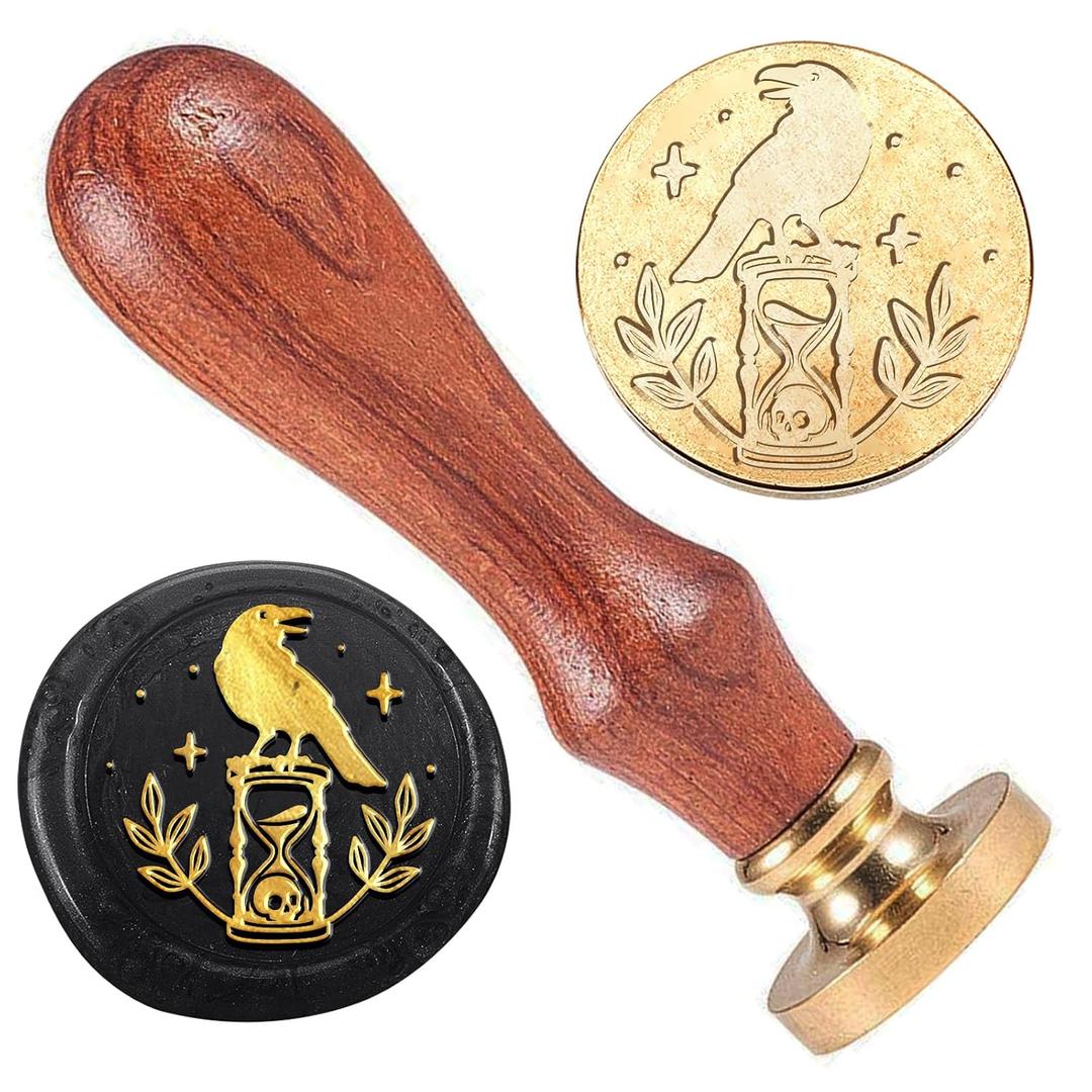 Hourglass Wax Stamp, 1" Removable Brass Stamp Head with Wooden Handle Crow Leaves Wax Sealing Stamp for Halloween Party Invitations Wine Packages Greeting Cards Decoration
