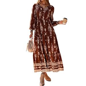 BTFBM Women's Fall Wedding Guest Dresses 2025 Casual Floral Long Sleeve V Neck Front Tie Flowy Boho Maxi Dress Pockets(Brown, Large)