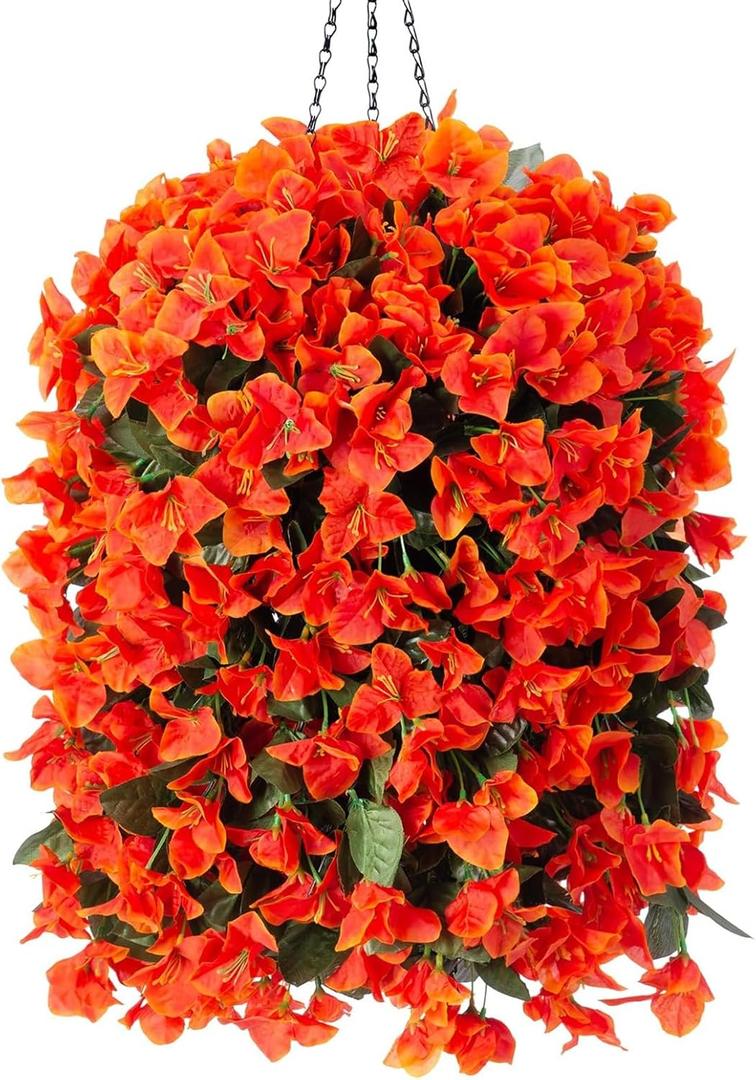 INSPRING Artificial Bougainvillea Faux Flowers Plants Baskets for Outdoor Outside Decoration, 3PCS Fake Silk Flowers Long Trailing Vines UV Resistant Realistic for Front Door Porch Patio (Orange)