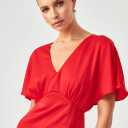 Satin Short Sleeve Red Dress Double V Neck Empire Waist Floor Length Formal Party Dress L