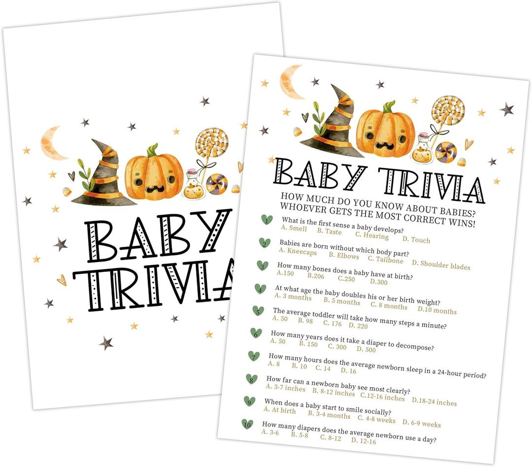 Halloween Baby Shower Trivia Game, 30pcs Witch Hat Pumpkin Gender Reveal Games Cards, Baby Shower Activities for Guests, Halloween Gender Reveal Decorations Party Favors (Orange Black)