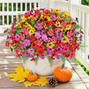 Artificial Faux Plants Flowers Outdoor Decoration,16 Bundles Fake Silk Colorful Daisy Eucalyptus Realistic UV Resistant for Outside Home Planter Porch Patio Yard Decor (Mix Purple Pink Yellow Red)