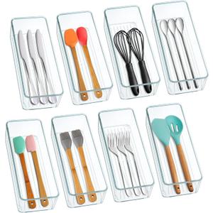 Hudgan 8 Pack Clear Plastic Drawer Organizer Bins Set, Stackable Cutlery Storage Bins Trays for Organizing Kitchen, Bathroom, Office, Crafts, Gadgets, Cabinet Supplies