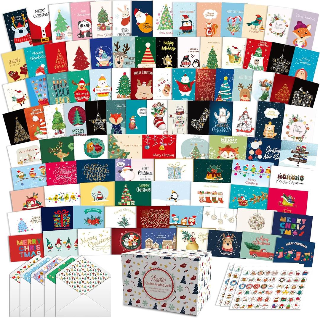 100 Unique Christmas Cards With Envelopes,Large 5X7 Inch Merry Christmas Cards Greeting Cards Set With Greeting And Sticker.
