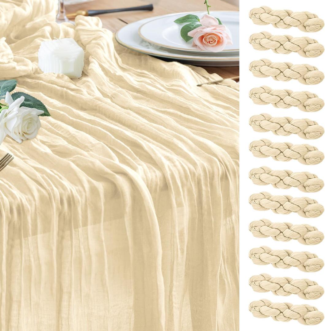 Wokceer Cheesecloth Table Runner Christmas 12 Pack 10FT Beige Boho Gauze Cheese Cloth Table Runner for Party Long Rustic Sheer Table Runners for Baby Bridal Shower Wedding Easter Table Decor