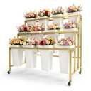 GAOWFEH Three-Tier Heavy Duty Metal Flower Bar Stand, Flower Cart Display Stand, Multi-Purpose Flower Display Stand with 12 Flower Buckets and Wheels for Florist Shop, Wedding Decor