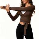 Women's Pilates Wrap Tops V-Neck Cross Tie Long Sleeve Shirt for Ballet Dance Yoga Workout, Large