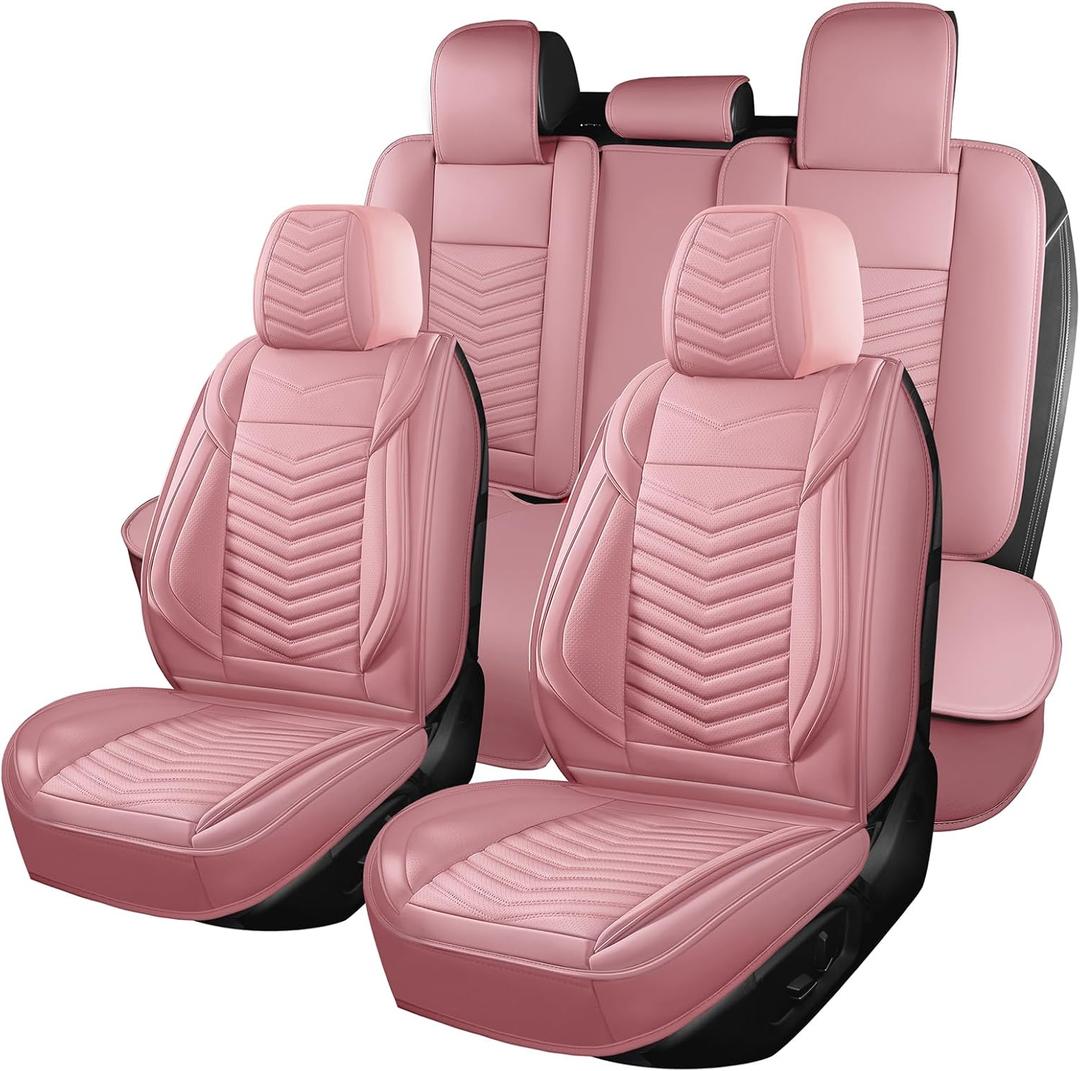 Car Seat Covers Full Set,Breathable and Waterproof Automotive Leather Vehicle Cushion Covers,Universal Anti-Slip Seat Covers for Most Cars SUV Truck Sedan(Style1,5 PCS Full Set,Pink)