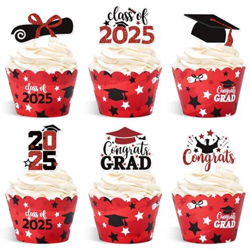 Graduation Cupcake Decorations Cupcake Toppers Wrappers 2025 Congrats Grad Set of 36 Graduation Party Supplies Red
