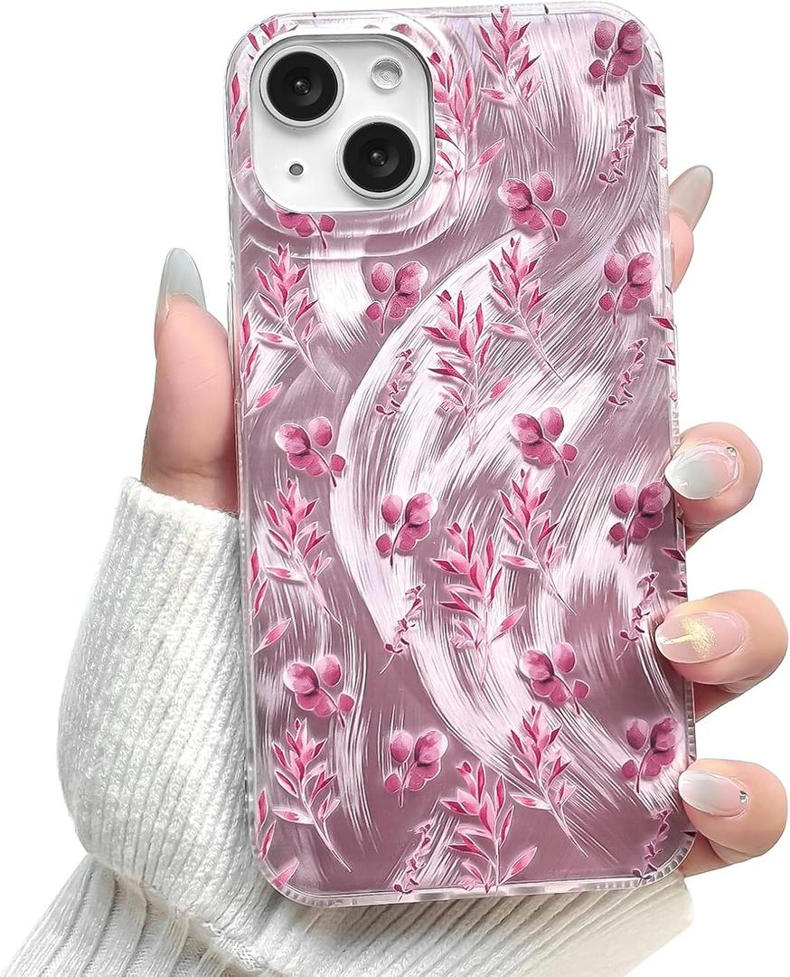 NITITOP Compatible for iPhone 14 Plus / 15 Plus Case Cute Flower Floral Leave for Women Girl Glitter Shiny Feather Yarn Style Aesthetic Shockproof Hard Protective Phone Cover - Pink