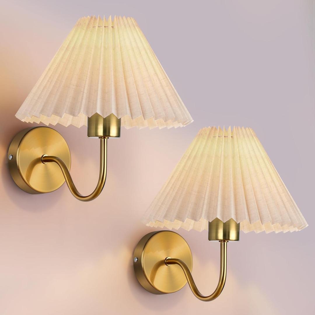 Dolymoly Gold Wall Sconces Sets of 2, Indoor Wall Light Fixtures with Fabric Lampshade, Pleated Fabric Wall Lamp Dresser Hardwired Lamp Wall Lighting Fixture for Bedroom Living Room Porch Dining Room