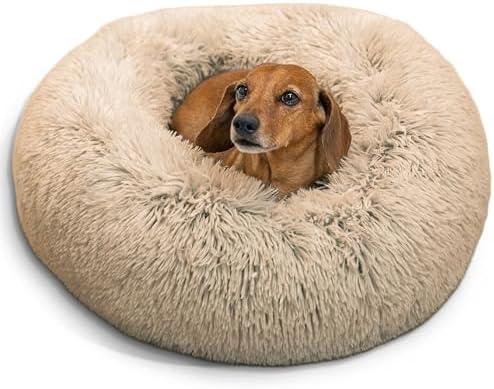 Best Friends by Sheri Original Calming Donut Dog and Cat Bed, Shag Faux Fur, Taupe, Small (23in x 23in) - Helps Provide Anxiety Relief for Pets