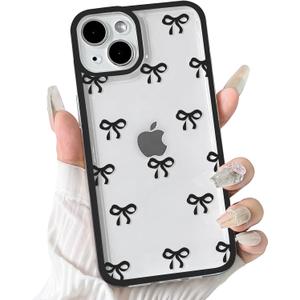 NITITOP for iPhone 14 Case Cute Ribbon Bow - Black | Aesthetics, Clear, Durable bowknot, Full camera lens, For woman girl, Soft TPU, Shockproof, Waterproof
