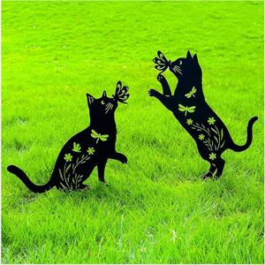 SILERUR Metal Cat Garden Decor/Stake,Gifts for Mother/Father/Kittty Lovers,16" Outdoor Patio Decorative/Yard Art Statue,Weather Resistant Steel Animal Sculptures- Lawn Ornaments,Set of 2.